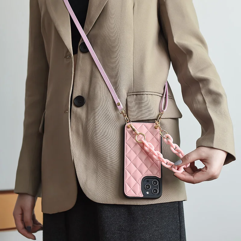 

Luxury PINK Plaid Lambskin Bracelet Long Strap Necklace Lanyard Case For iPhone XS 11 12 Mini Pro Max X XR 7 8 Plus Soft Cover