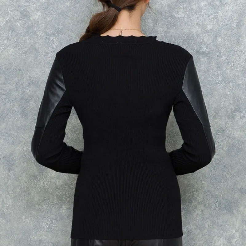 Fashion Women Turtleneck Lace Sweater Sheepskin Real Leather Sleeve Patchwork Knitted Tops Slim Fit Elastic Pullover Sweaters