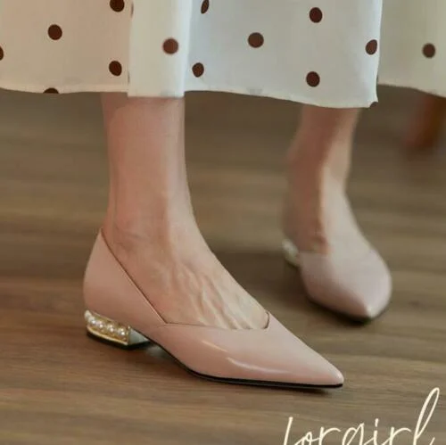 

Женские модные однотонные офисные туфли с острым носком, туфли-лодочки на низком каблуке с жемчугом, C72