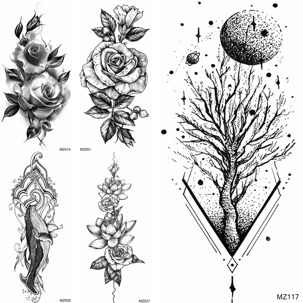 

Черное дерево, планеты, искусственная Роза, Кит, лотос, тату для женщин и мужчин, тату для боди-арта, искусственная модная декоративная татуировка, наклейка