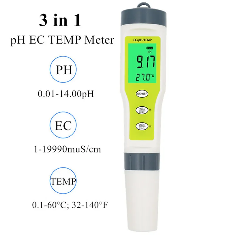 Портативный цифровой тестер воды pH EC измеритель температуры Тип 3 в 1