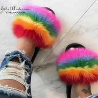 ethel anderson womens furry slippers ladies fashion real fox fur hair fluffy summer sandals comfort genuine fur flip flops