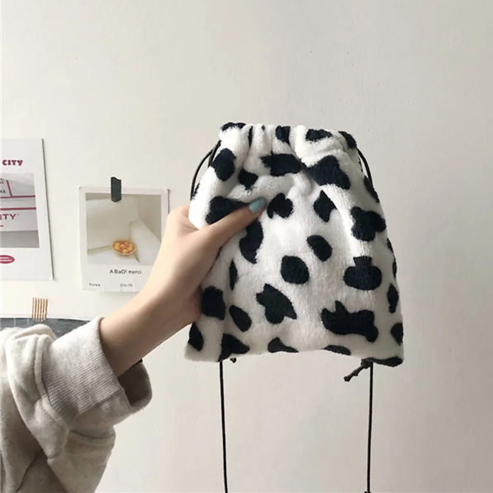 

Fashion Cow Milk Printed Plush Crossbody Bags for Women Girl Drawstring Shoulder Messenger Bags Mini Small Money Pouch Handbags
