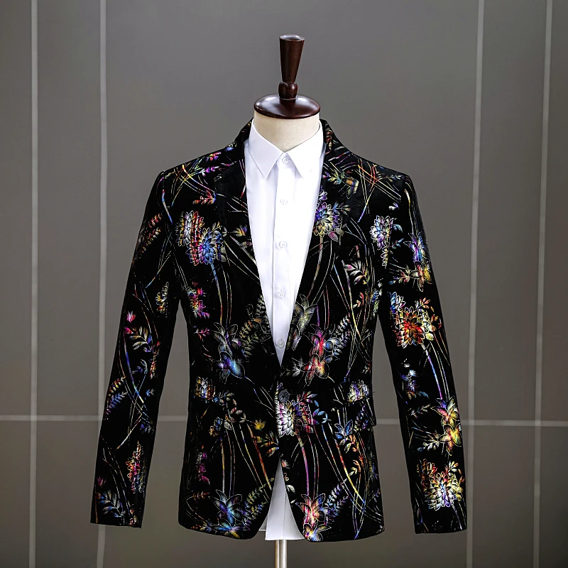 

Spring Autumn Men's Black Velvet Floral Pattern Blazer Banquet Prom Fashion Print Flower Tuxedo Singer Host Show Stage Costume