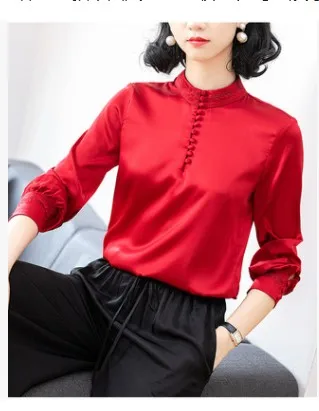 

Spring 2020 new Chinese button Mock Neck Top Solid slim fashion elegant temperament silk t-shirt female