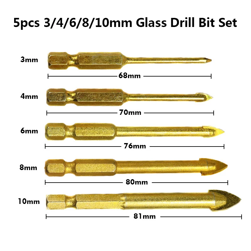 5pcs 3 4 6 8 10mm 1/" набор сверл с шестигранным хвостовиком из карбида вольфрама для стекла 3-12 мм с титановым покрытием для керамической плитки - Цвет: 5pcs 3 4 6 8 10mm