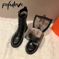 pofulove winter boots women shoes black ankle boots platform gothic booties leather fur boots plush warm botas fashion designer