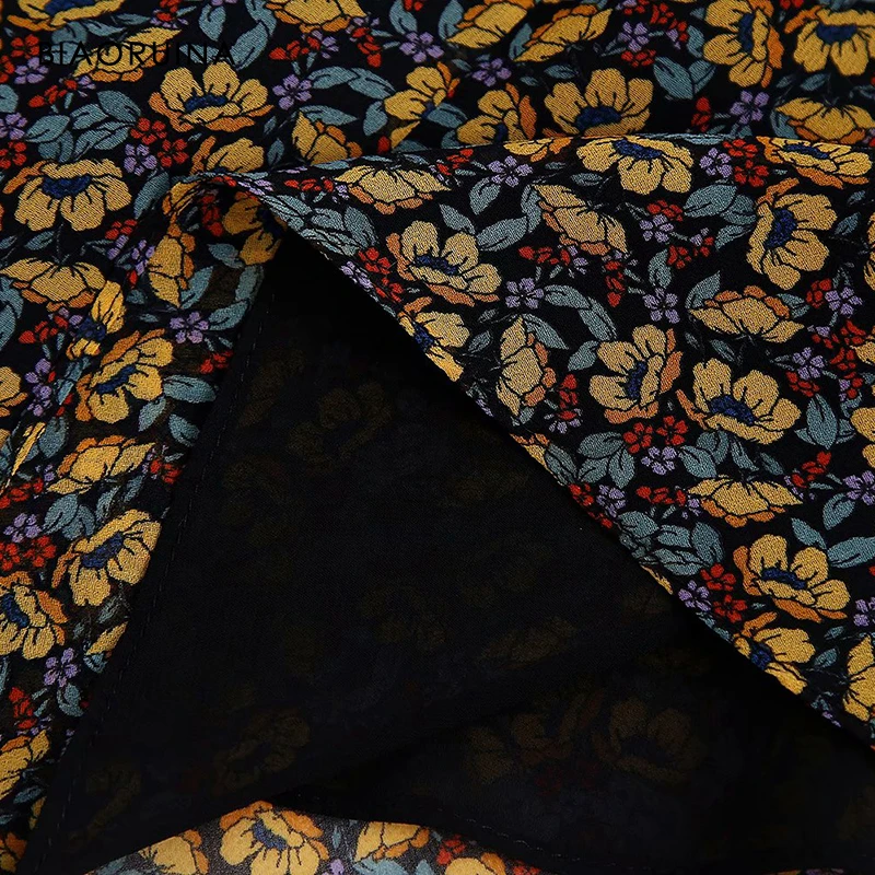 

BIAORUINA Women's Yellow Floral Printed High Waist Deep V-neck Short Dress with Lining Female Elegant Mini Dress Vestido