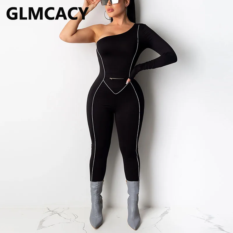 

Women One Shoulder Jumpsuit Long Sleeve Solid Bodycon Long Overalls Chic Streetwear Jumpsuits