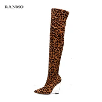 autumn and winter european or american fashion stretch over knee boots sexy leopard transparent high heel pointed womens boots