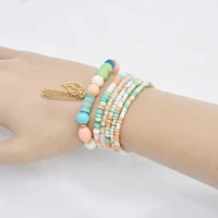 bohemian beaded bracelet fashion pendant golden leaf charms bracelet for women men multi layer colorful elastic bracelet gift
