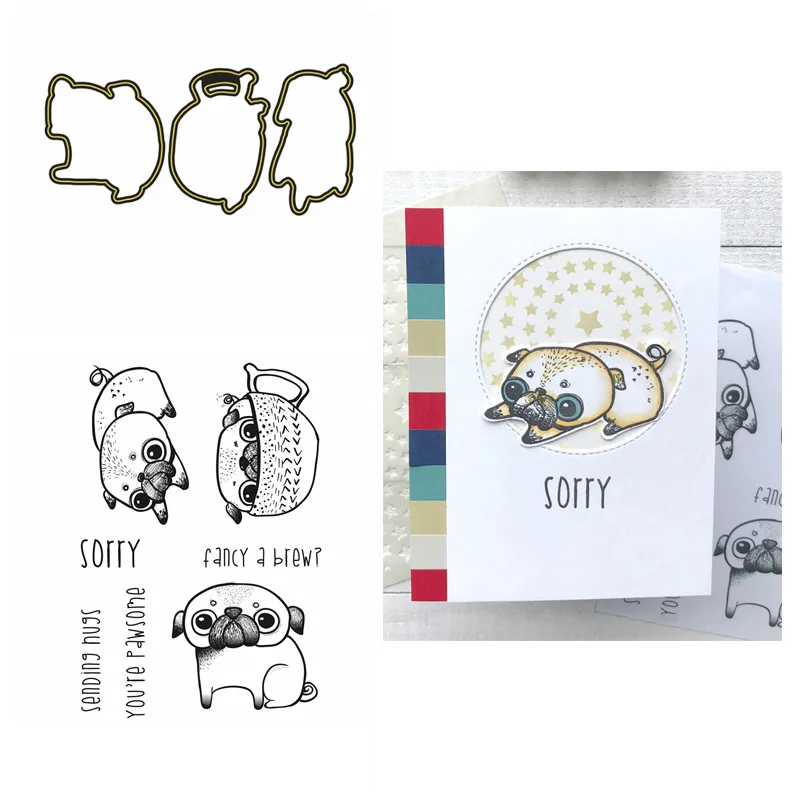 

2pcs/lot Pugs and Hugs Clear Stamps Set and Coordinating dies Stamp for DIY Scrapbooking Cards Crafts Making 2021