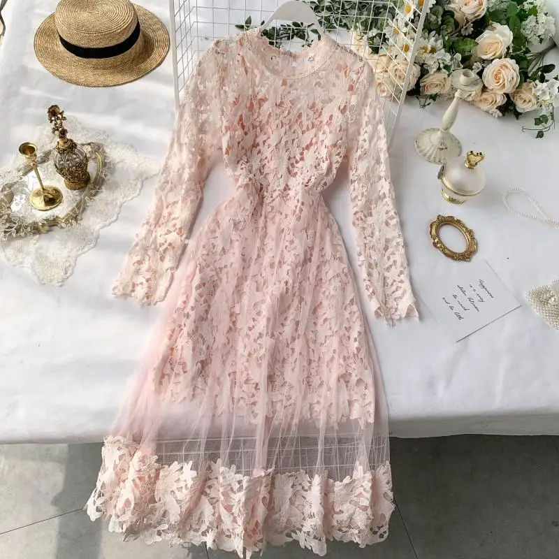 Элегантное ажурное кружевное платье с длинным рукавом облегающее Сексуальное