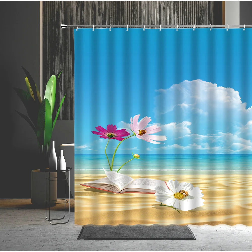 

Summer Sunshine Beach Bath Product Bathroom Shower Curtains Seaside Scenery Bathtub Decoration Hanging Cloth Curtains