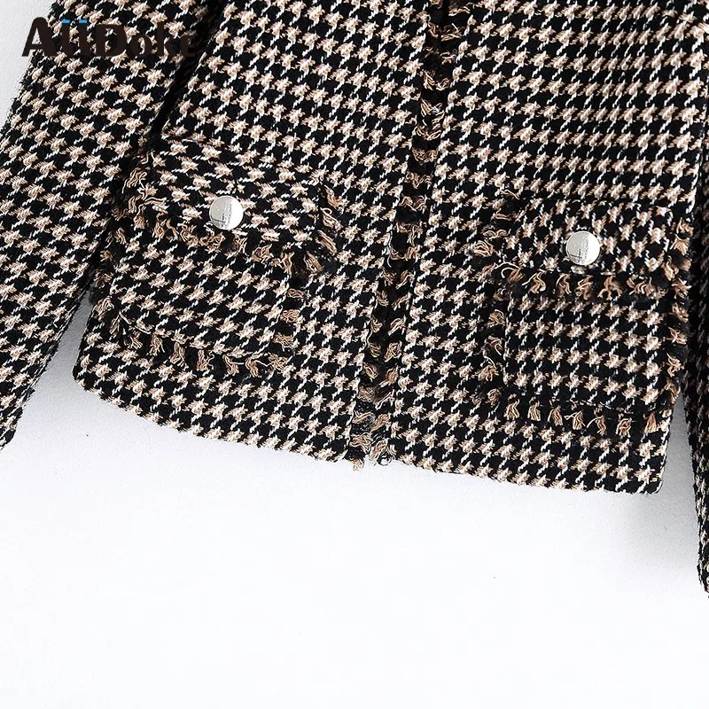 

Alldoke 2020 Spring Autumn Casual Plaid Jacket Houndstooth Women Jackets Vintage V Neck Long Sleeve Pockets Coat Femme