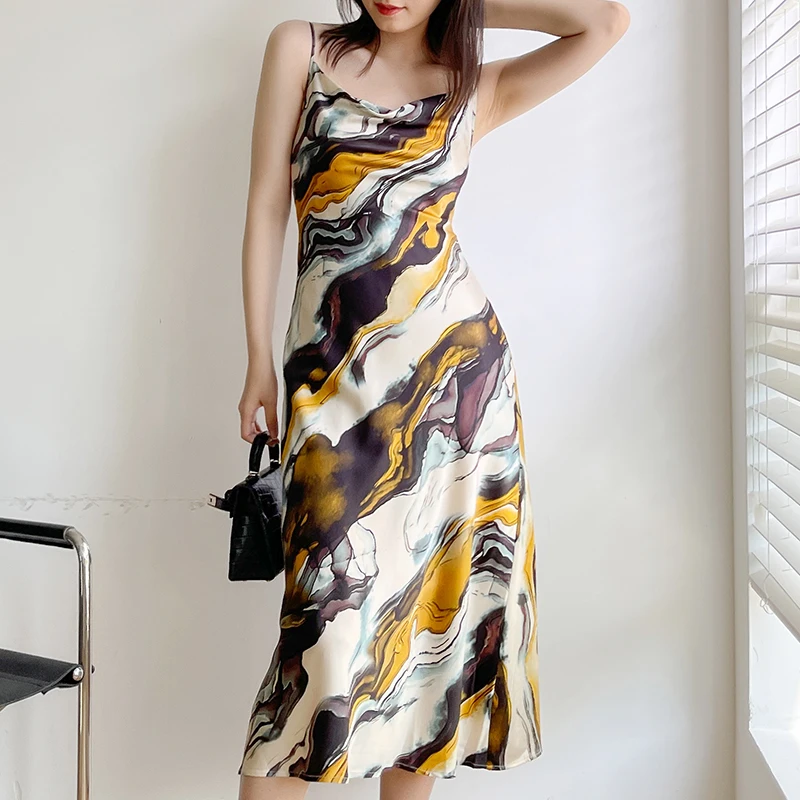 

Women's Midi Dress Vintage Print Sleeveless Abstract Oil Painting Satin Dresses 2021 Summer Female