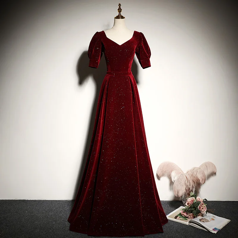 

Женское вечернее платье с блестками, бордовое велюровое платье-трапеция до пола с коротким рукавом и V-образным вырезом, со шнуровкой, B1107