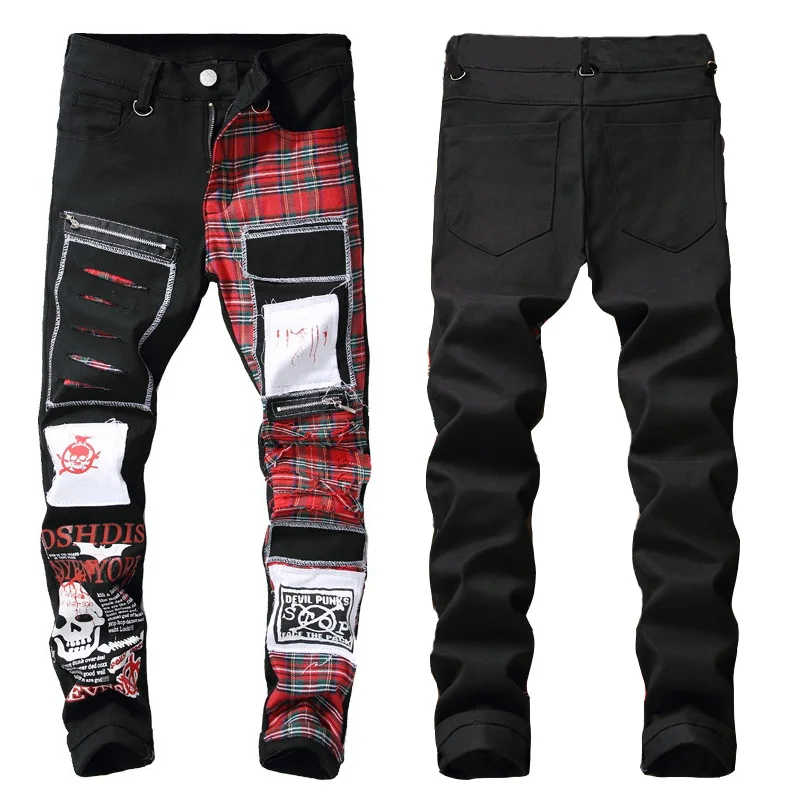 

New Fashion Mens Jeans Slim Pants Print Skulls Devil Punk Skinny Long Tear Hole Trousers Patchwork Cloth Jeans For Men JS5501