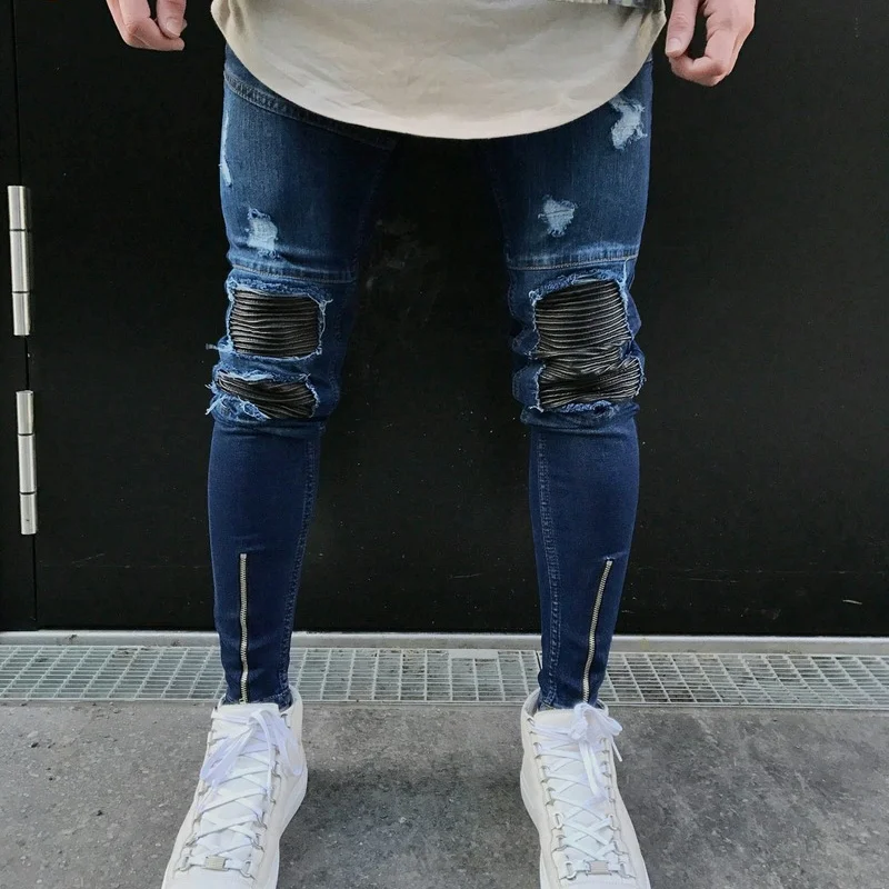 

2021 European and American Skinny Badge Jeans Men's Trendy Knee Ripped Zipper Skinny Ripped Men's Denim Trousers