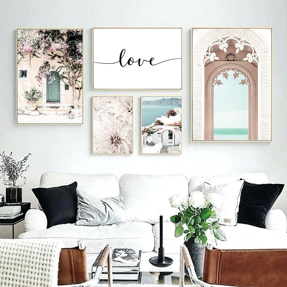 

Blooming Flower Door Architecture Love Quote Canvas Posters and Prints Arch By The Sea Wall Art Santorini Picture for Room Decor