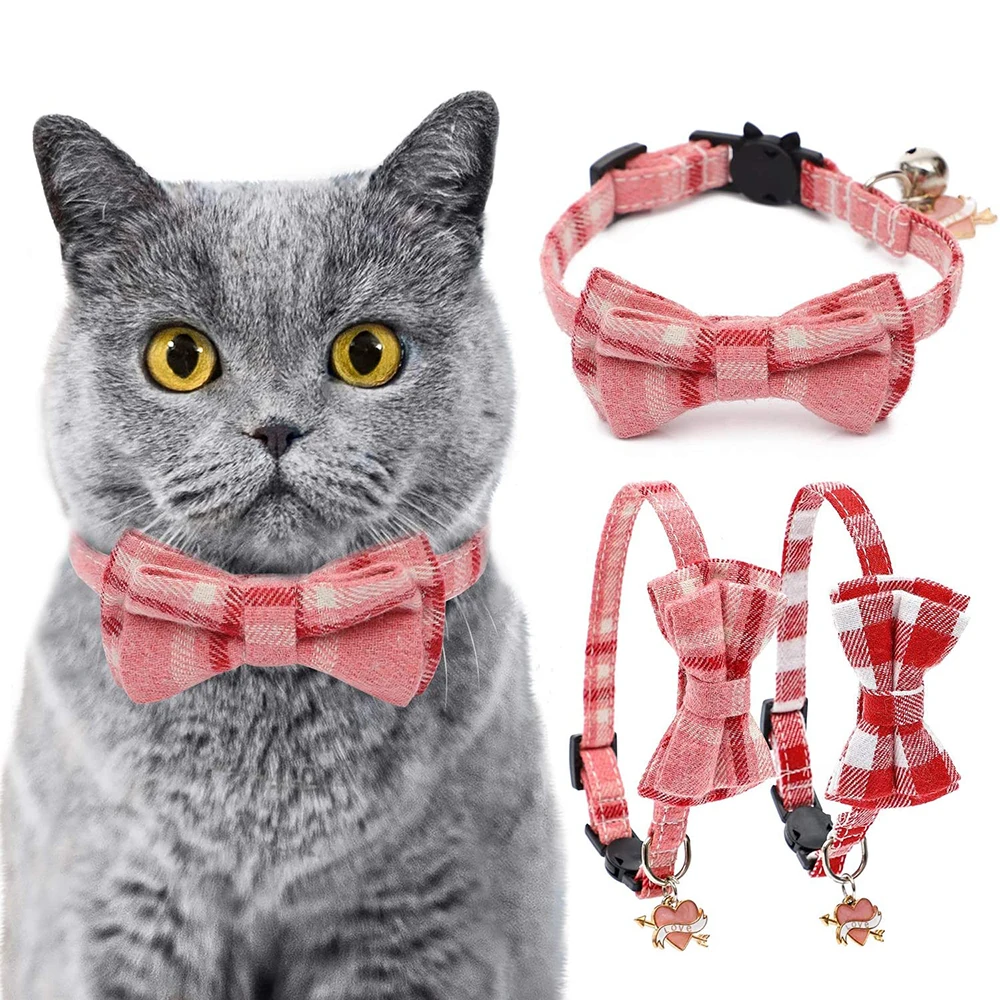 

Valentine's Day Bowtie Cat Collar Breakaway with Bell Love Heart Cute Pets Gift for Puppy and Adjustable Kitten Collars for Cats