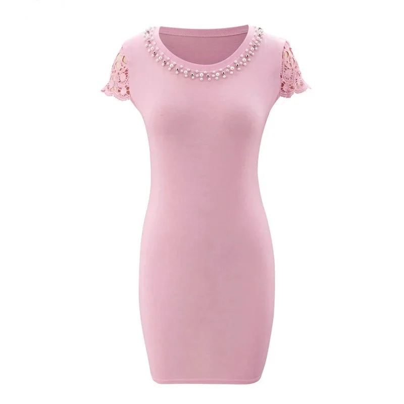 

Beading Decor O-Neck Bodycon Pencil Dress Summer Lace Hollow Out Short Sleeve Sexy Hips Mini Dress Women Solid Casual Streetwear