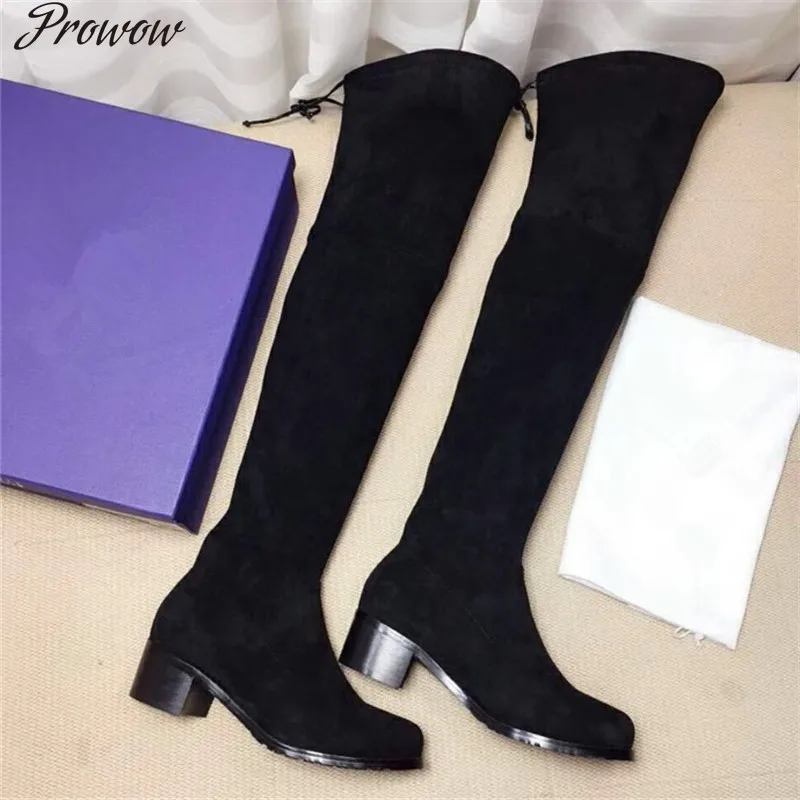 

Prowow Women's Over-the-knee Boots Winter Black Genuine Leather Flat Thigh High Mature Round Toe Solid Color Motorcycle Boots