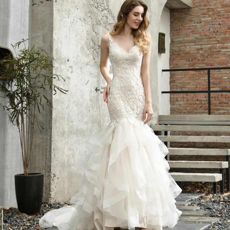 

Женское свадебное платье-Русалка It's yiiya, белое кружевное платье без рукавов с V-образным вырезом и аппликацией на лето 2022