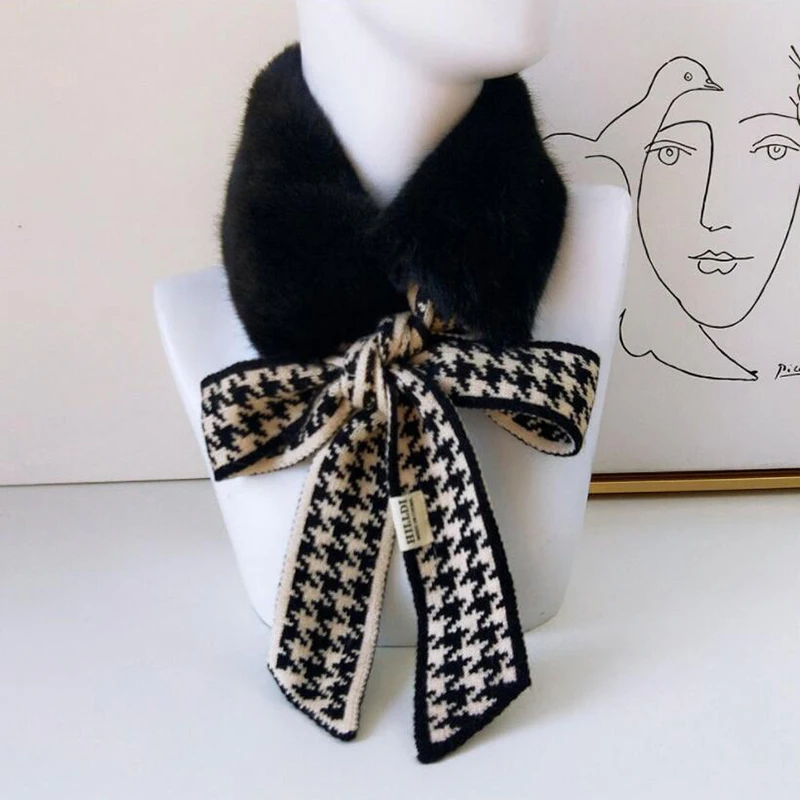 

2021 New Autumn Winter Houndstooth Fashion Crochet Knitted Scarf Foulard Female Faux Fur Collar Neck Warmer Scarves for Women