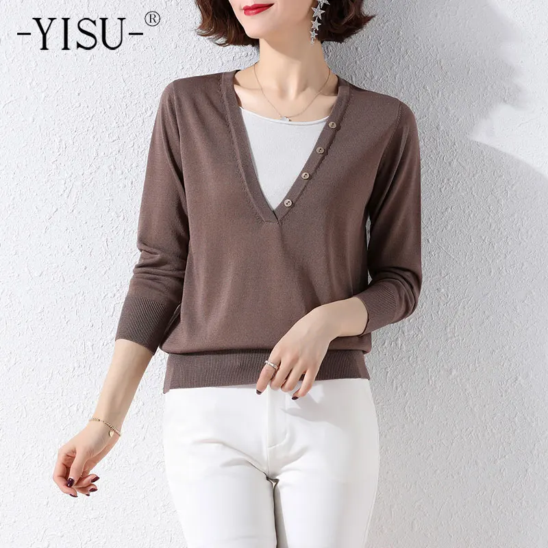 

YISU Women All-match Spring Sweater Solid color V-Neck Long sleeve Spring tops Female Casual Knitted Pullover Thin section