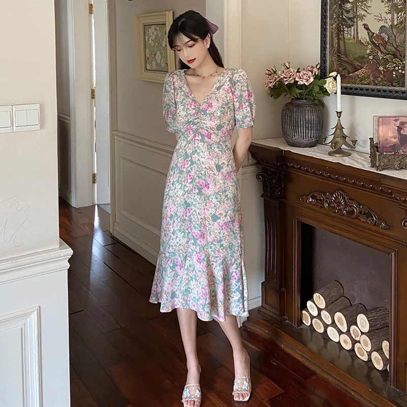 

Long Floral Women Chiffon Dress Summer 2020 Runway Vintage Elegant Party Night Dress Bohemian Retro Korean Slim Vacation Dress