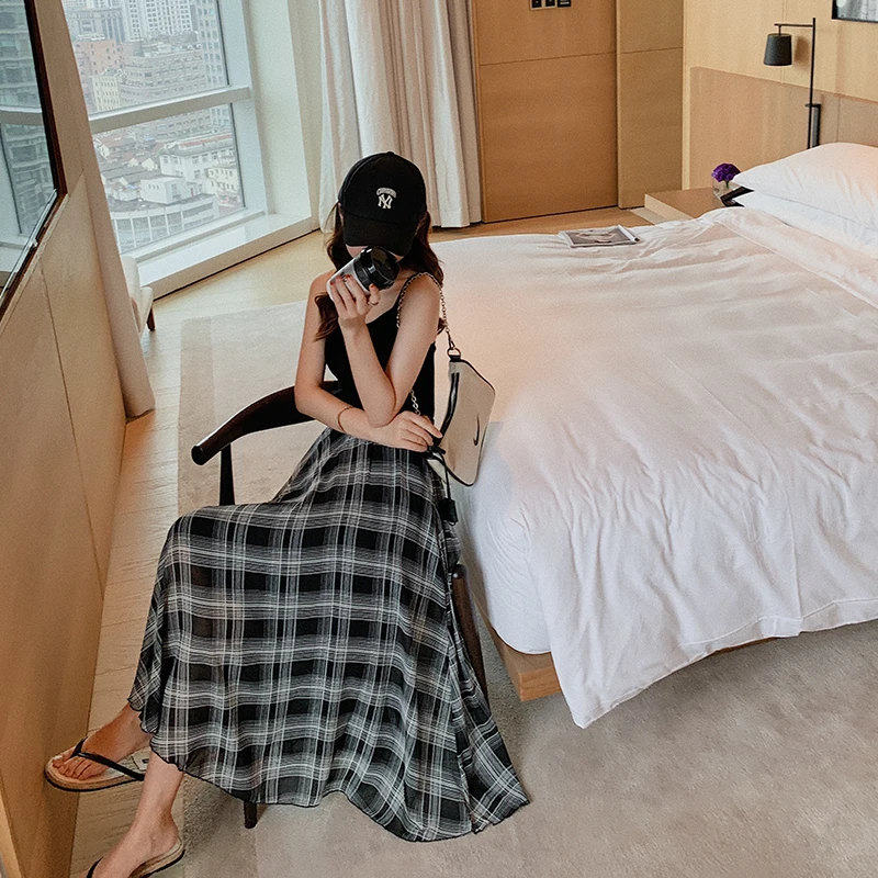 Women Long Chiffon Plaid Skirt Summer Autumn Elegant Runway Korean Skirts for Casual Office School Fashion | Женская одежда
