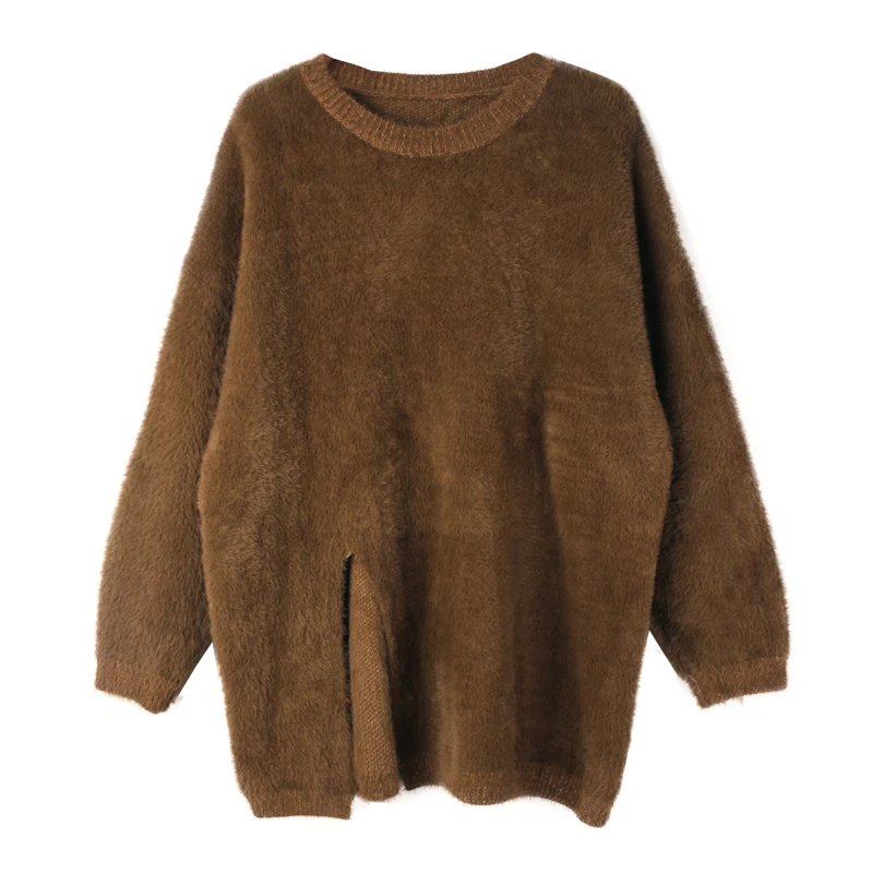 2019Winter Ladies loose pullover Sweater Raglan sleeves split end fake mink hair knitted sweaters casual tops plus size | Женская одежда