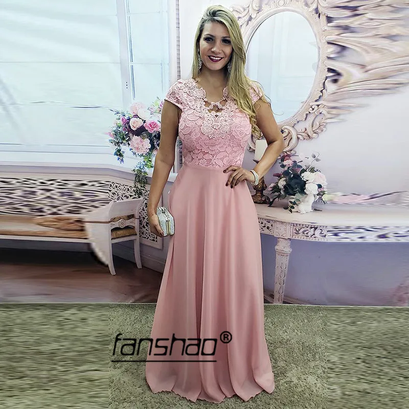 

Long Evening Dress Peach vestido de festa longo Custom Made Evening Dress Applique Lace Sleeves Formal Gowns robe de soiree