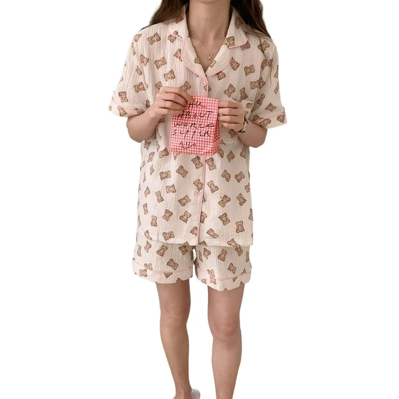 

Marple pink funny bear pajama set women home suit sleepwear short sleeve summer girls pyjamas cotton blouses shorts
