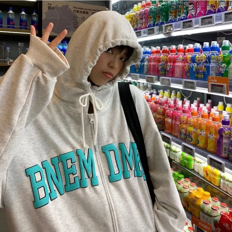 

Letter printed hooded sweatshirts women oversized hoodies spring autumn new preppy style casual loose zipper hooded jacket trend