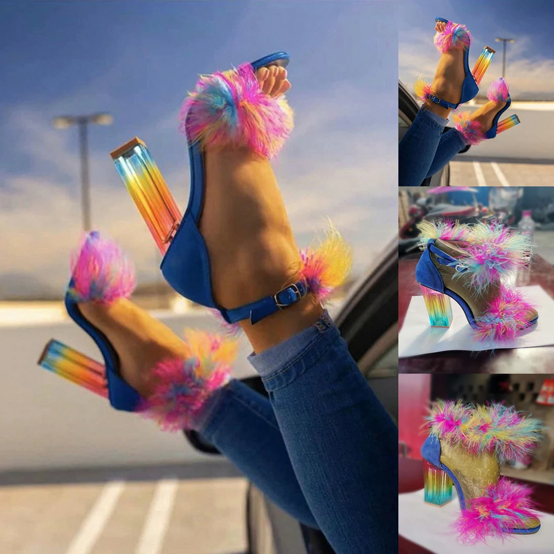 

LISTING 2021 Women Shoes Summer Pumps Color High Heels Toe Faux Fur Deco Party Sandals Shoe Female Zapato Mujer Talons Plus Size