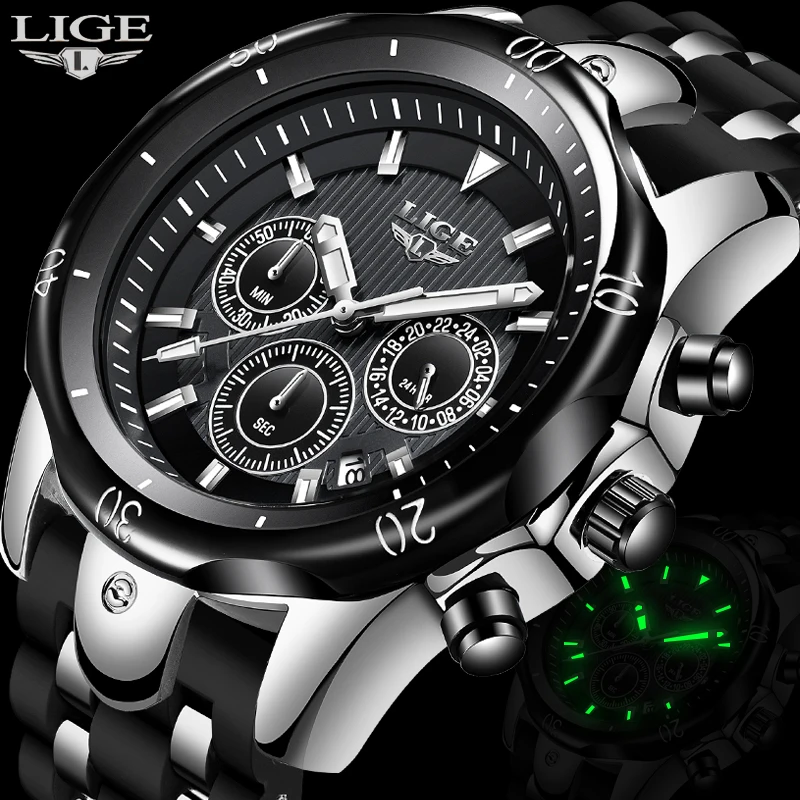 

Часы наручные LIGE мужские с силиконовым ремешком, модные брендовые Роскошные водонепроницаемые повседневные спортивные в стиле милитари, с ...