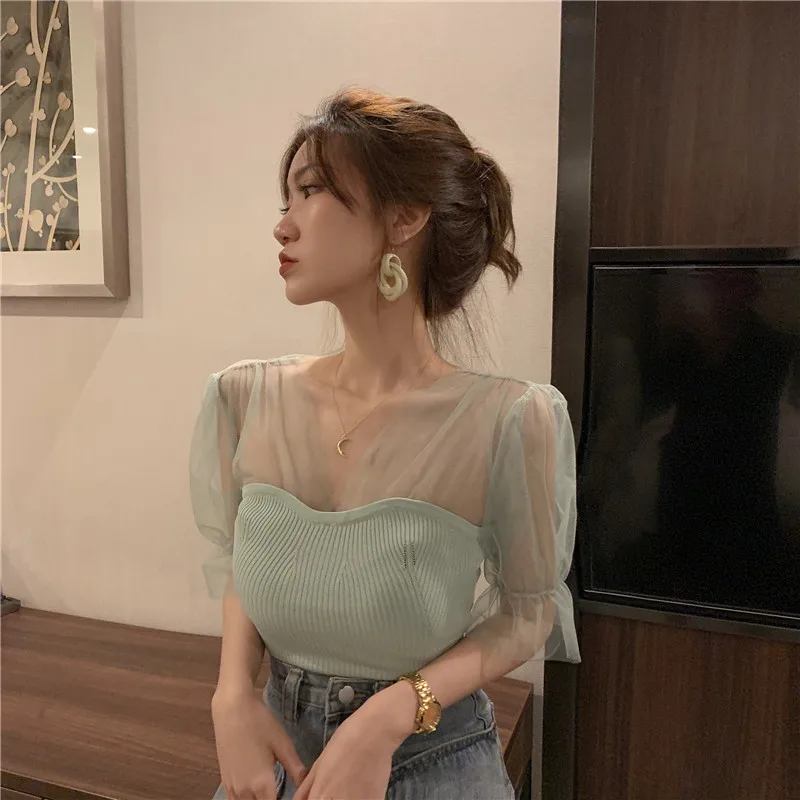 

Korean Mesh Stitching Tshirts Women Fashion Short Sleeve Knitted Shirt Tops Sexy Summer Fashion New Girls Ruffles T-Shirt 2020