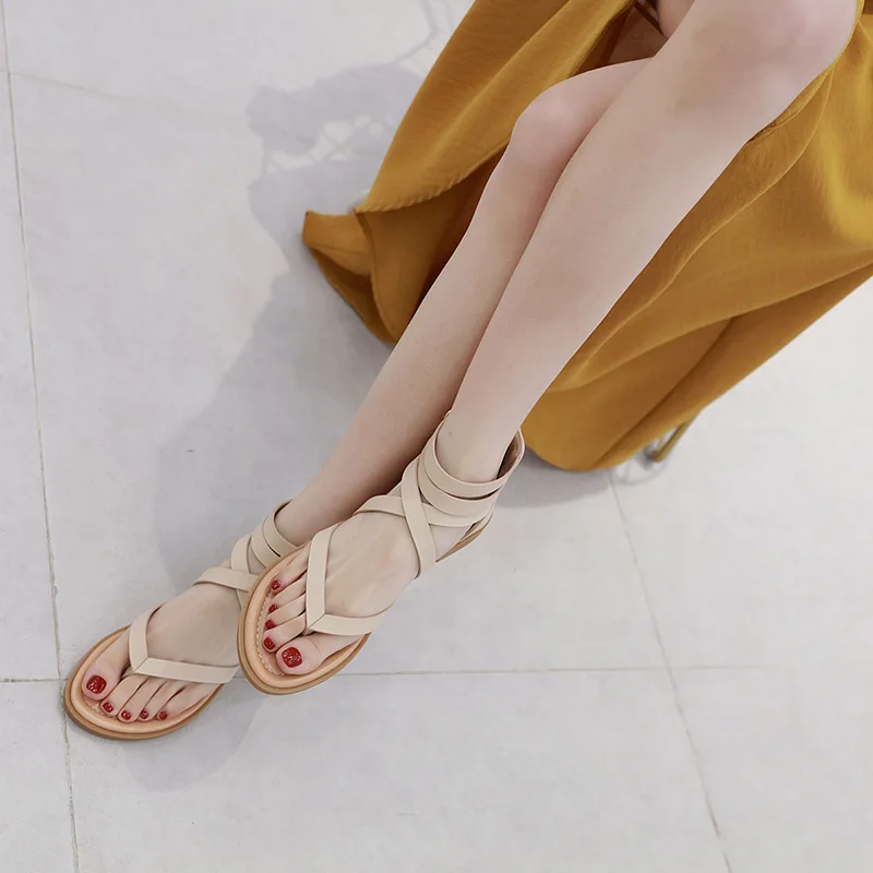 

2021 Casual Summer Women Sandals Gladiator Roma Style Beach Sandals male Strap Cross Back zipper Sandals Woman Flat Shoes
