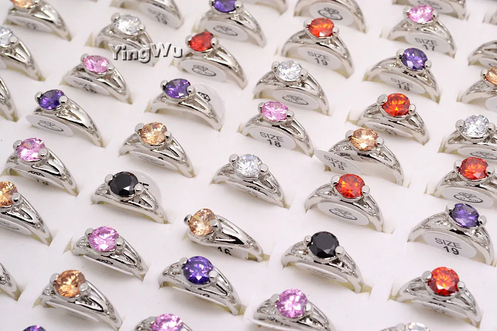 

Yingwu Ring For Women Korean Style Round Purple Red Cubic Zirconia Ring Silver Color Fashion Jewelry Gift For Girls 10pcs Lot