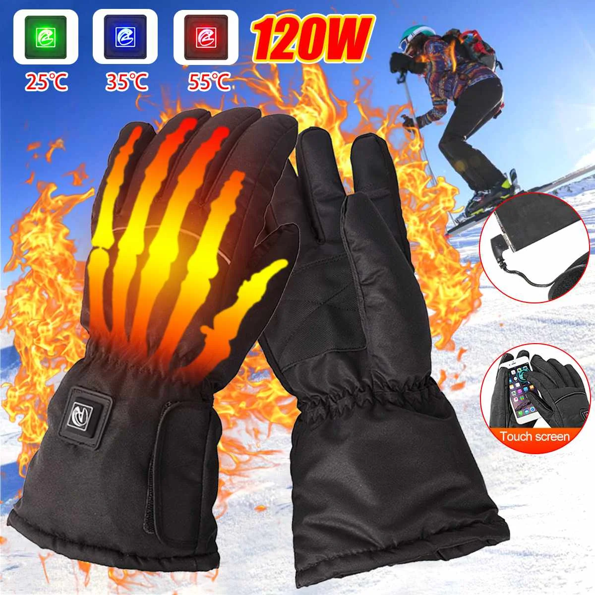 

3 Gear 120W temp control Electric Heated Gloves Winter Waterproof Windproof Cycling Warm Gloves for Motorcycle Outdoor
