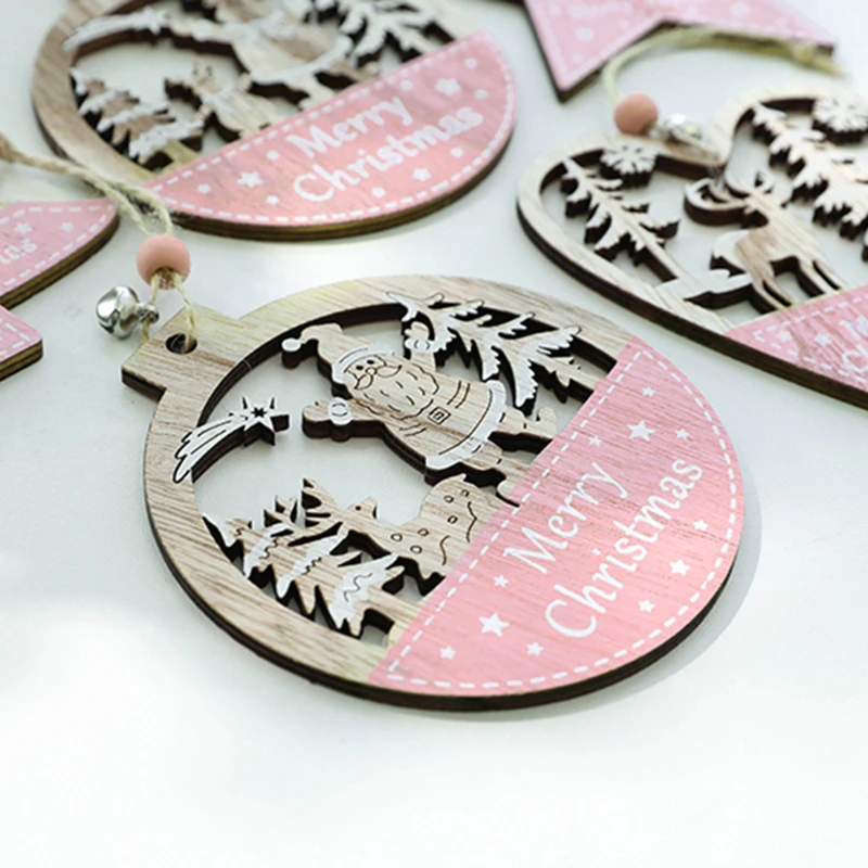 2021 New Year 1Pc Pink Christmas Ornament Wooden Hanging Pendants Star Xmas Tree Love Santa Claus Decorations | Дом и сад