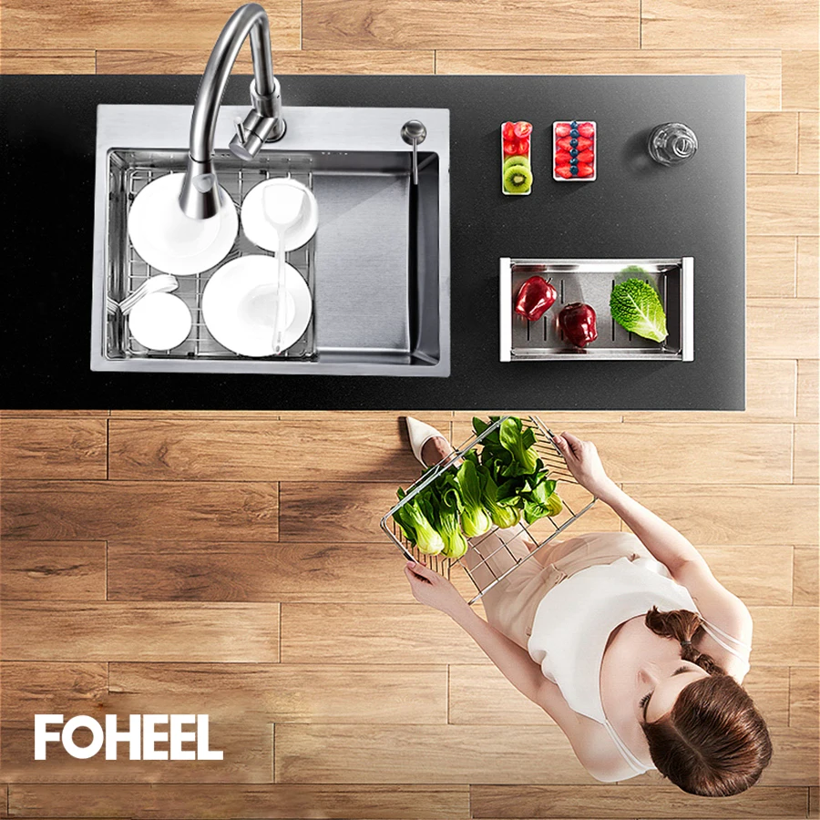FOHEEL Stainless Steel Kitchen Sink Single Slot Dish Basin with Drain Basket And Pipe | Обустройство дома