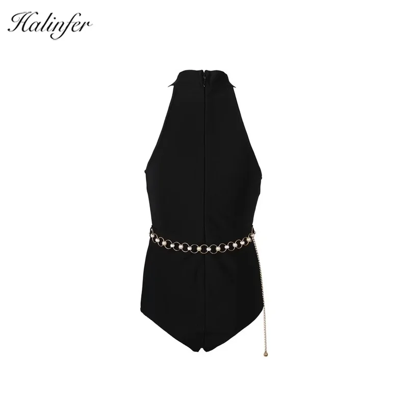 Sexy Deep Bodysuit Women Chest-wrapped high collar Shoulder-exposed black pants Girdle belt Summer Jumpsuit Leotard Bodies