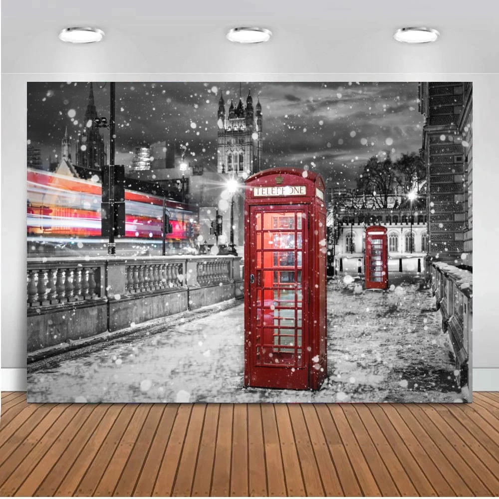 

Winter Snow London Street Telephone Studio Booth Photography Backgrounds Portrait Photocall Photo Backdrops Vinly For Photo