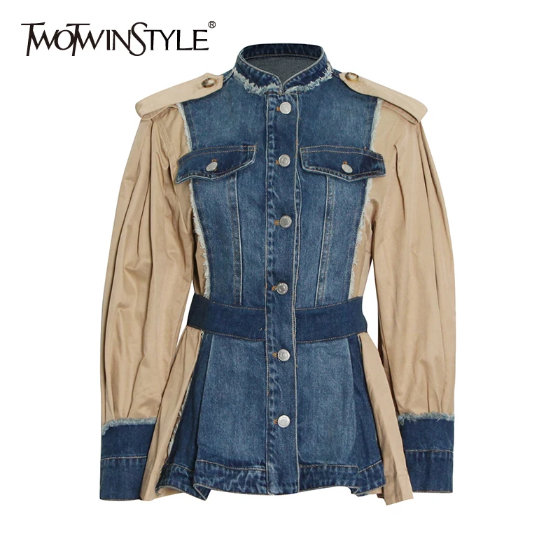

TWOTWINSTYLE Casual Patchwork Denim Women’s Coat Round Neck Long Sleeve Buttons Colorblock Fold Pleated Female 2022 Autumn Style
