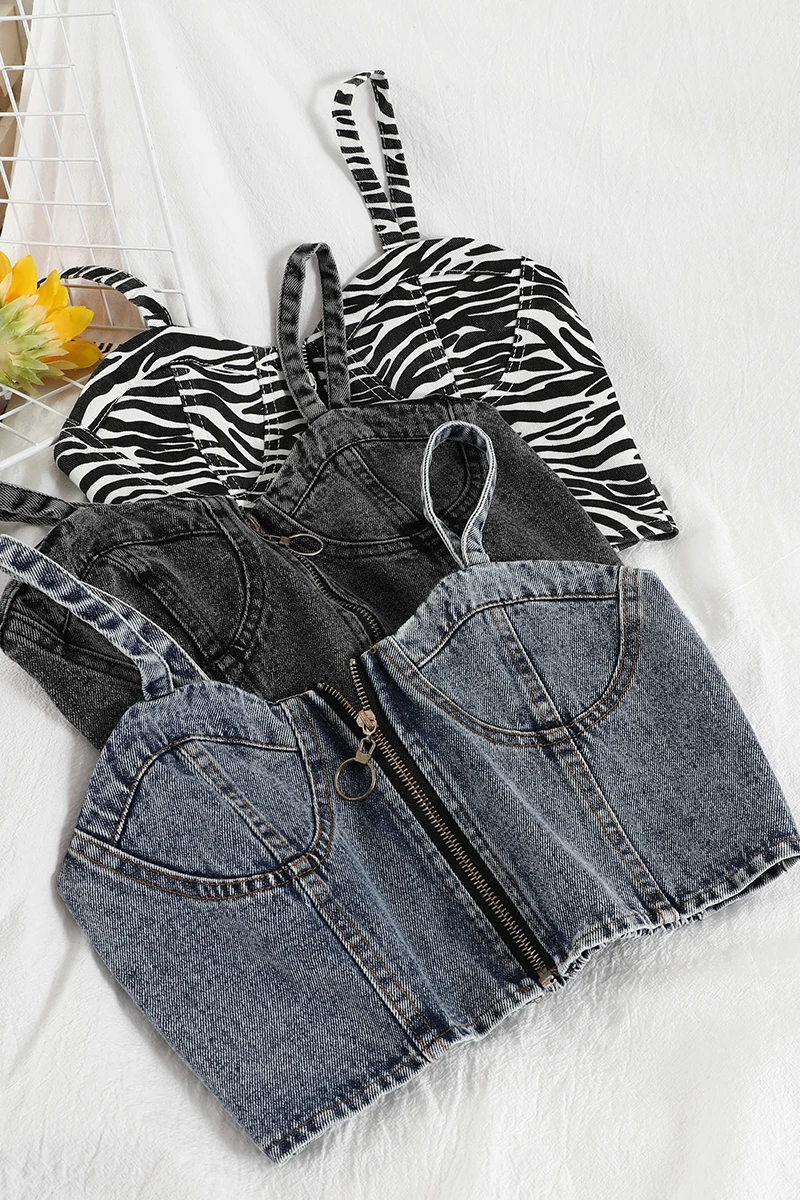 Design Sense Niche Wear Elegance Retro Sleeveless Top Trendy Short Denim Small Sling Vest Women's Clothing Top Sexy