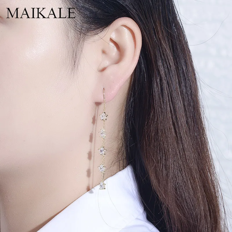 MAIKALE, новинка, модные длинные женские серьги с пентаграммой, звездой, цирконием, золотого и серебряного цвета, серьги-цепочки с кисточками, корейские ювелирные изделия, подарки