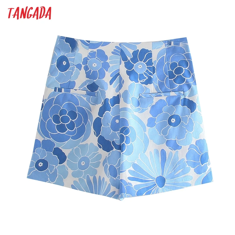 

Tangada Korea Chic Blue Floral Print Suit Women Short Set 2021 Fashion New Suit 2 Piece Set Shirt and Shorts JE86